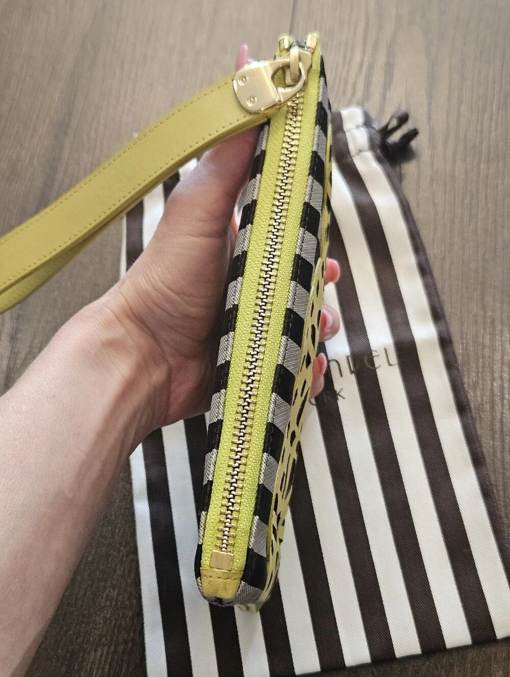 Henri Bendel Vibrant Yellow Laser Cut Floral Wristlet Clutch + Dust Bag